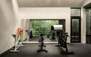 Ein Fitnessraum mit diversen Trainingsgeräten, großen Fenstern und Blick auf Grünflächen.