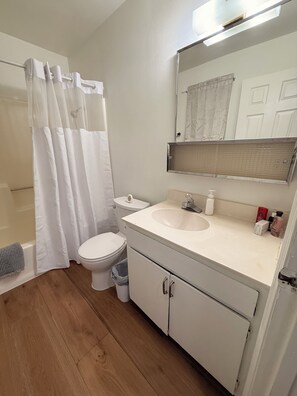 A bathroom with a toilet, sink, mirror, and shower curtain. - Cozy studio in beautiful Flagstaff with cool AC for your stay (Flagstaff)