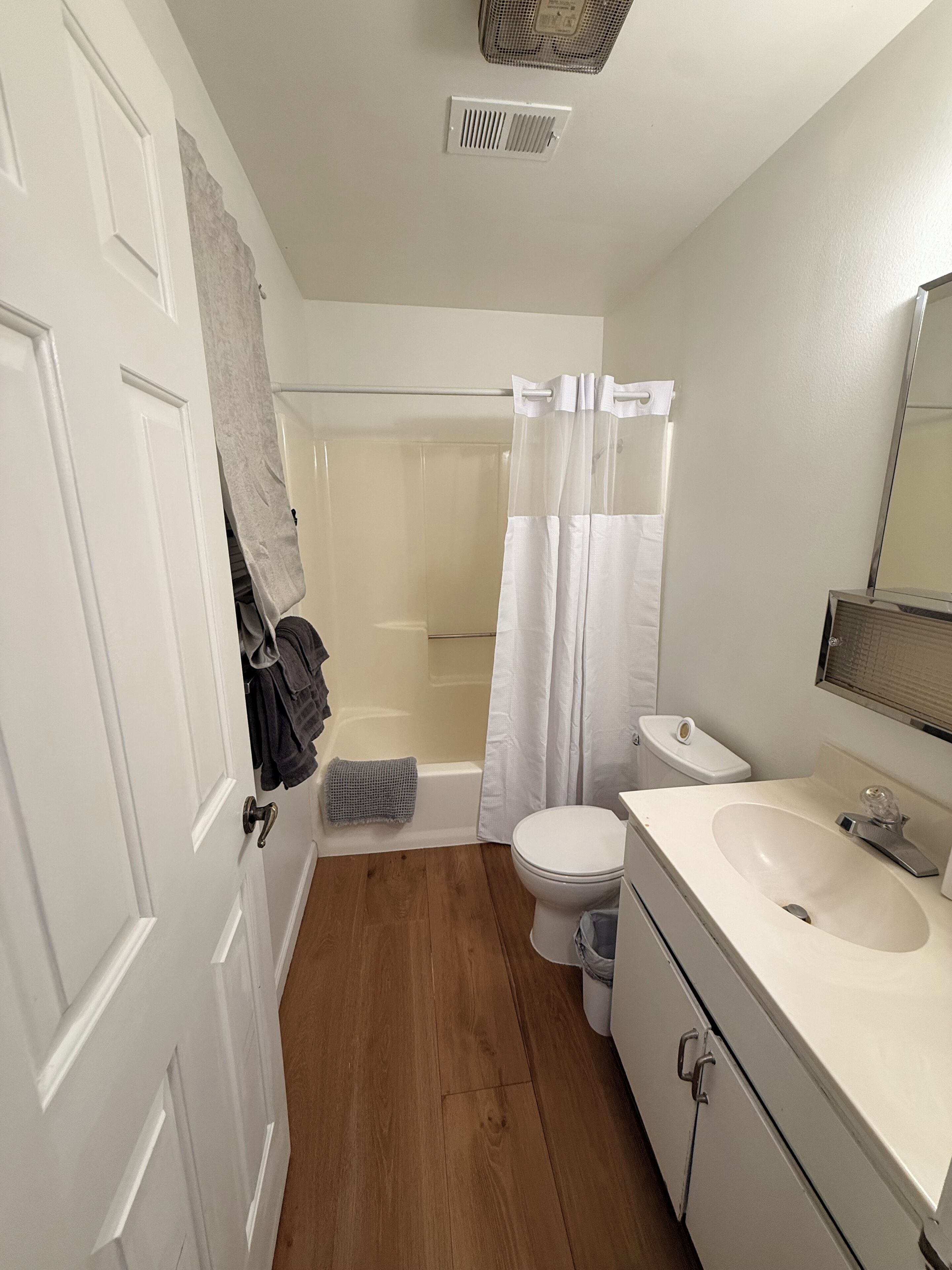 Hair dryer, towels, soap, toilet paper