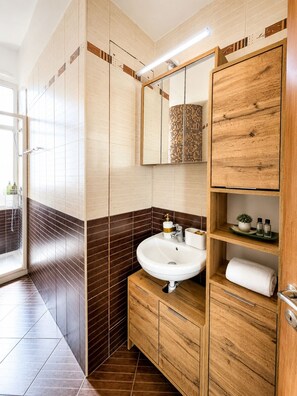 Douche, sèche-cheveux, serviettes fournies, savon