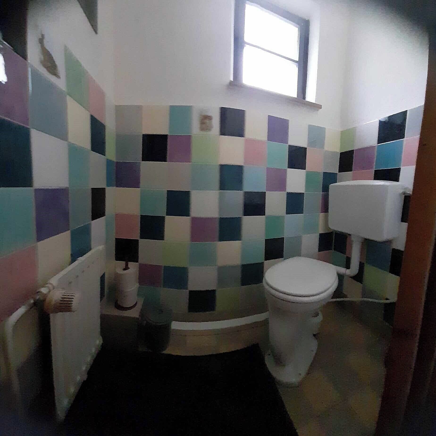 A bathroom with a toilet, a window, and a tiled wall.