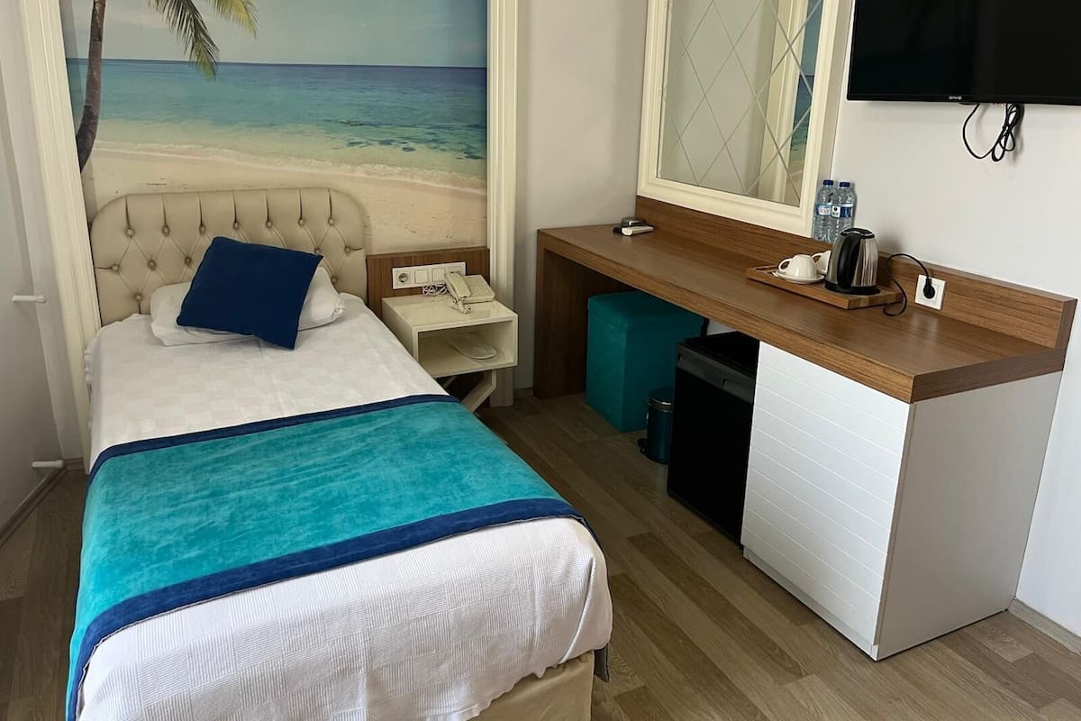 A hotel room with a bed, a desk, a mirror, a television, and a view of the ocean.