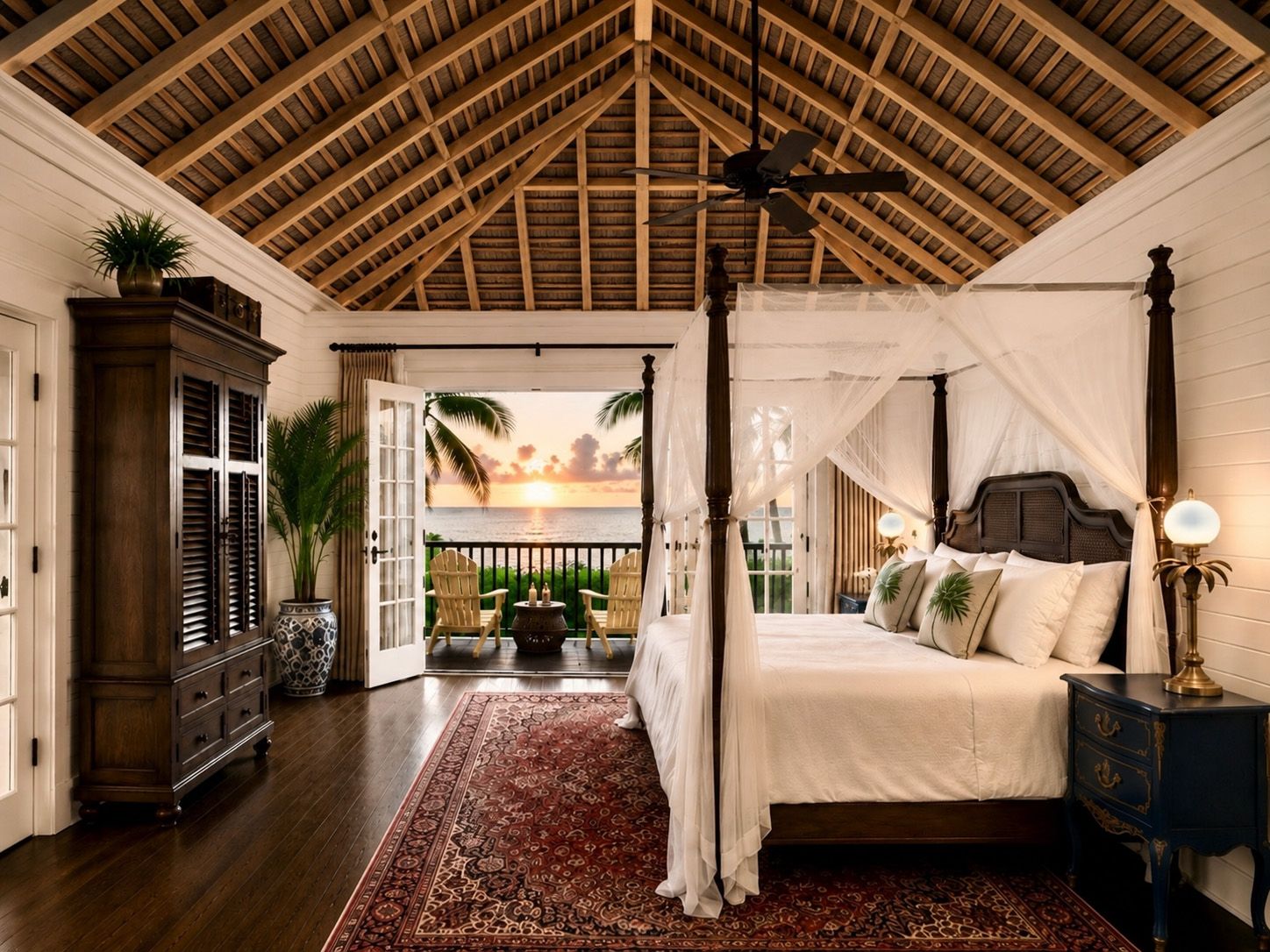 A four-poster bed with a canopy, a nightstand with a lamp, and a view of the sunset through a balcony door.