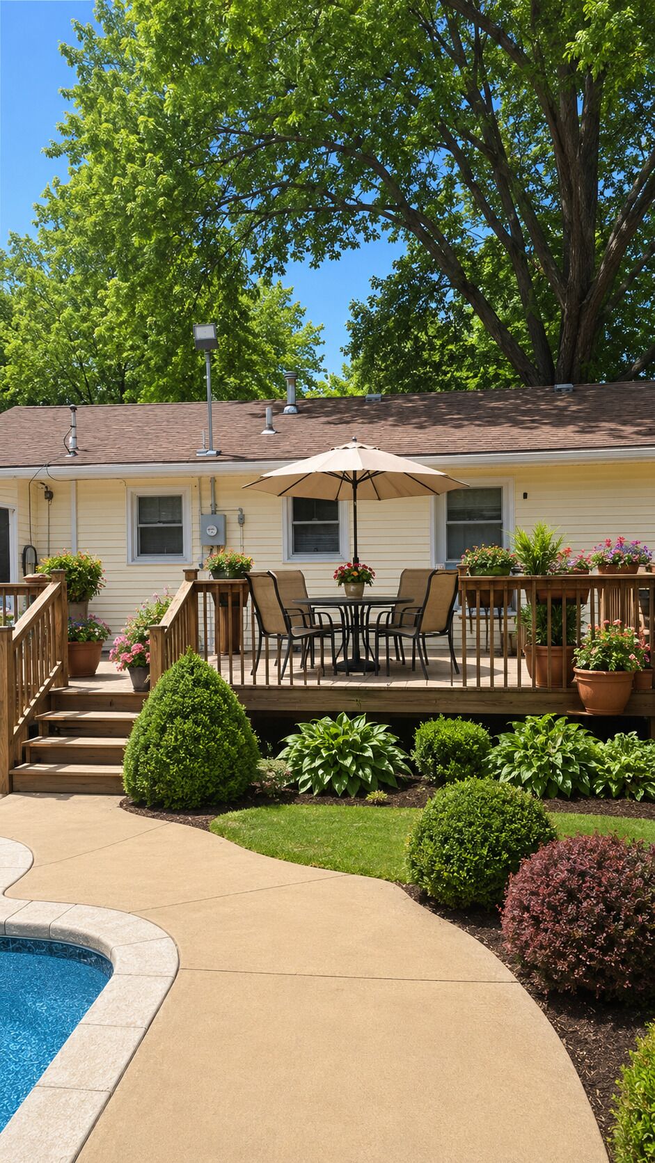 A house with a deck, outdoor seating, a pool, and a well-maintained garden.
