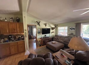 Smart TV, fireplace, foosball, books