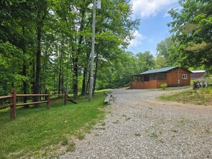 A rustic cabin with a gravel driveway, surrounded by dense forest.