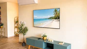 Leilighet – superior | Oppholdsområde | En 65-tommers LED-TV med digitale kanaler samt Netflix