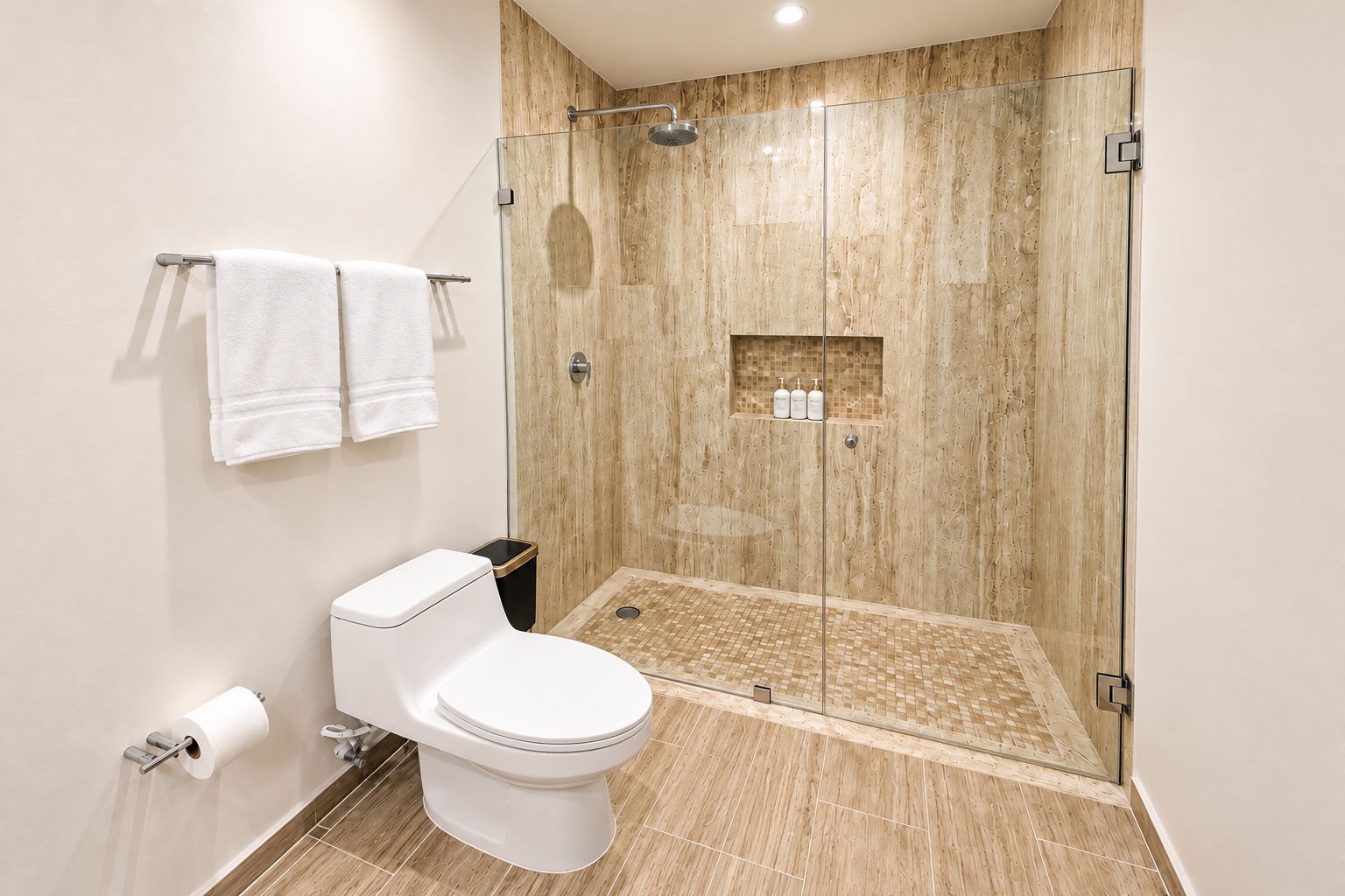 A modern bathroom with a glass-enclosed shower, a toilet, and a towel rack.