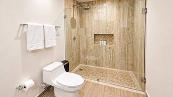 A modern bathroom with a glass-enclosed shower, a toilet, and a towel rack.