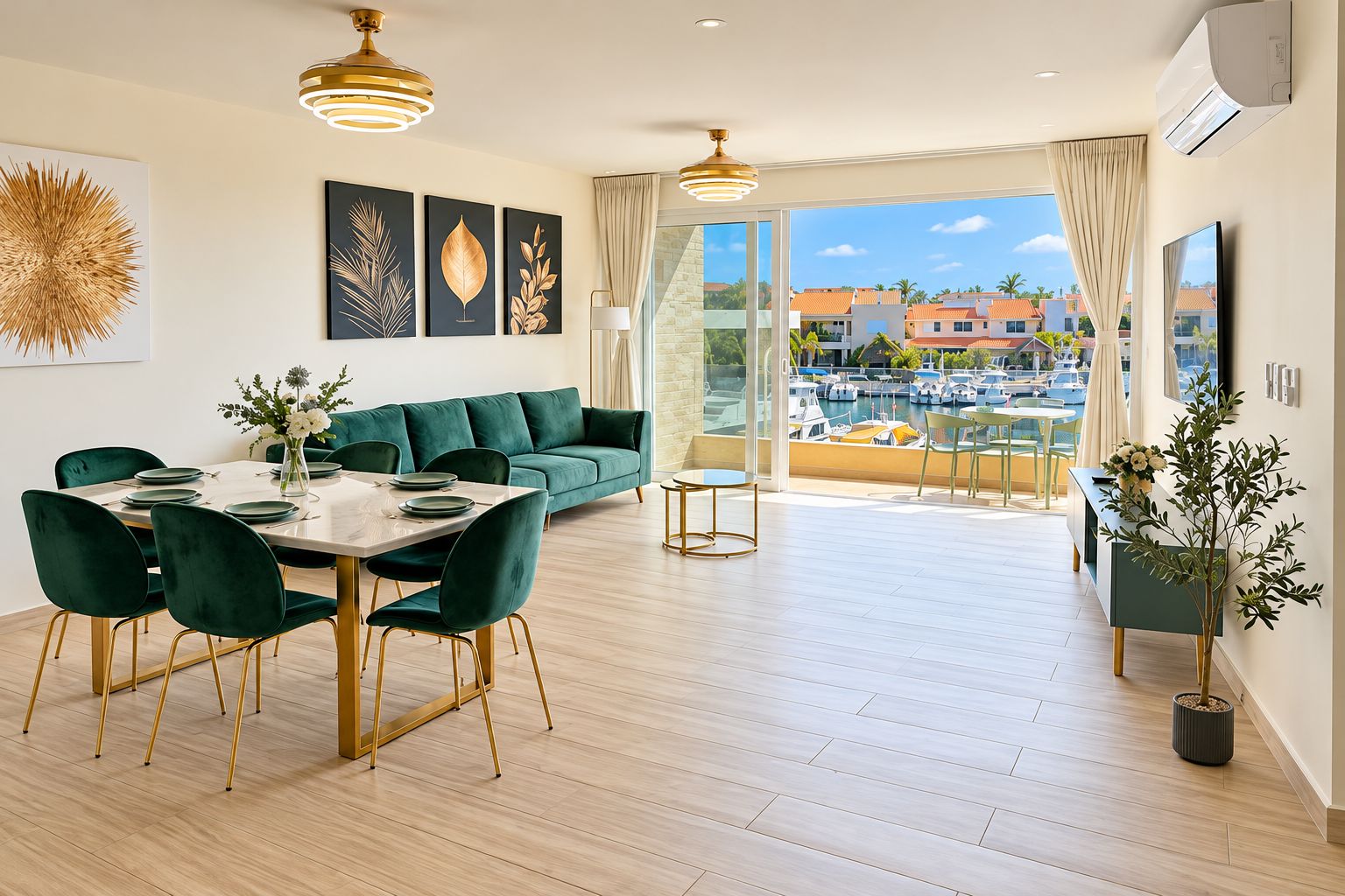 Una sala de estar moderna con comedor, un sofá y vista a un puerto deportivo.