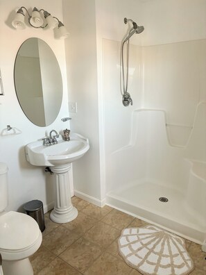 Ein Badezimmer mit einem Standwaschbecken, einem großen Spiegel, einer Toilette, einer Dusche mit Duschbrause und einem gemusterten Teppich.