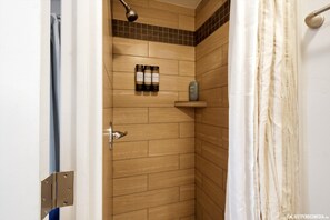 Hair dryer, towels, soap, shampoo