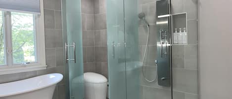 Hair dryer, towels, soap, toilet paper