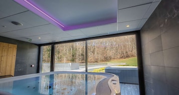 Un área de piscina interior moderna con cerramiento de vidrio, ventanas amplias y vistas a un paisaje boscoso.