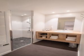 Une salle de bain moderne avec une douche à l’italienne en verre, un meuble-lavabo en bois avec un évier et un miroir, et un sol foncé.