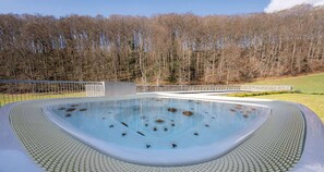 A hot tub with a tiled edge, surrounded by a fence, and a forested hillside in the background. - Mildiss Hotel BW Signature Collection (Besse-et-Saint-Anastaise)