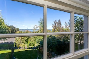 Ein Fenster mit Blick auf eine Wiese, Bäume und ein entferntes Gewässer.