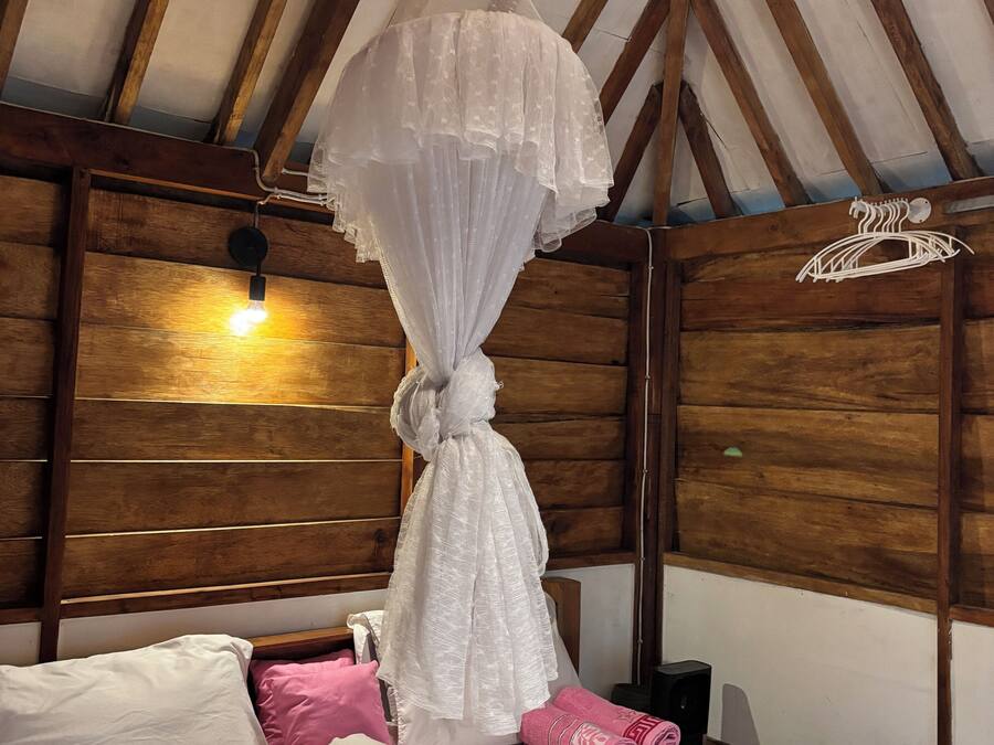 A bed with a canopy, wooden headboard, and pillows.