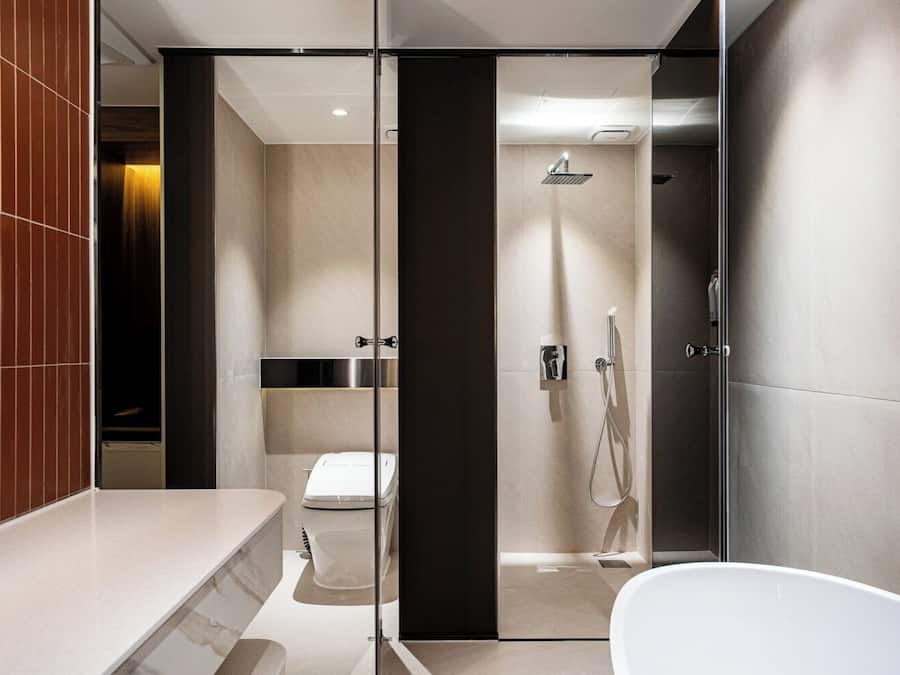 Hair dryer, towels, shampoo, toilet paper