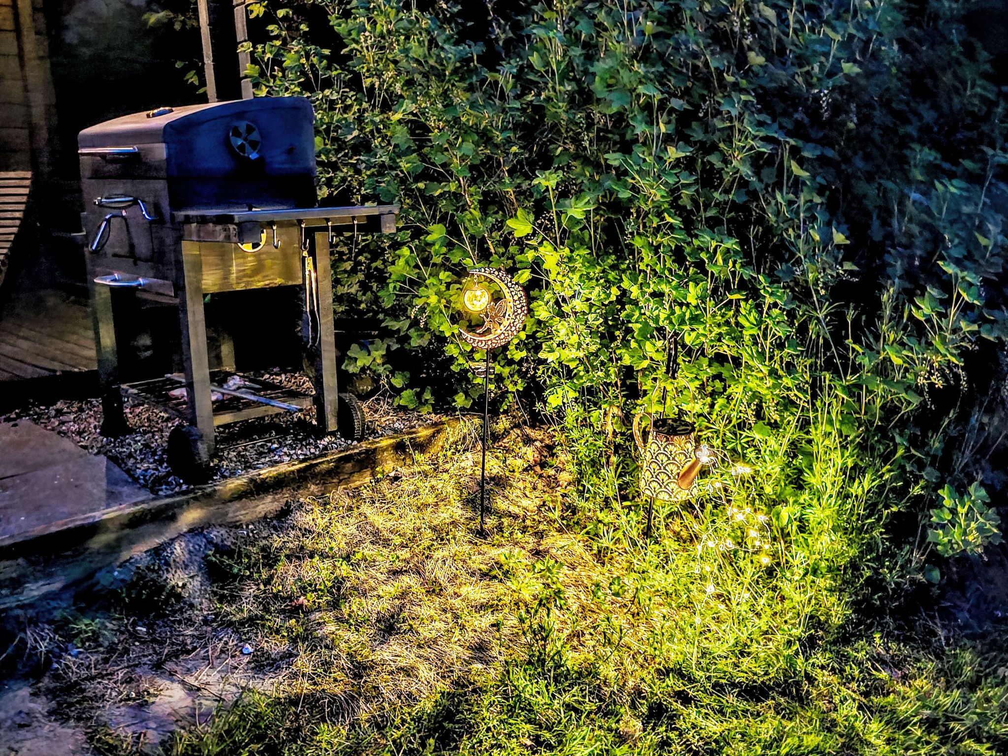 Una griglia per barbecue, un piccolo lanterne decorativo e fitta vegetazione in un giardino.