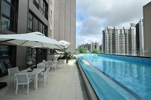A rooftop pool area with white umbrellas, lounge chairs, and a view of high-rise buildings.