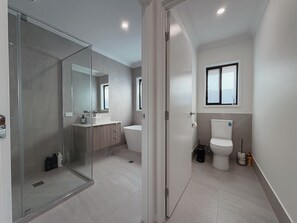 Shower, hair dryer, towels, soap