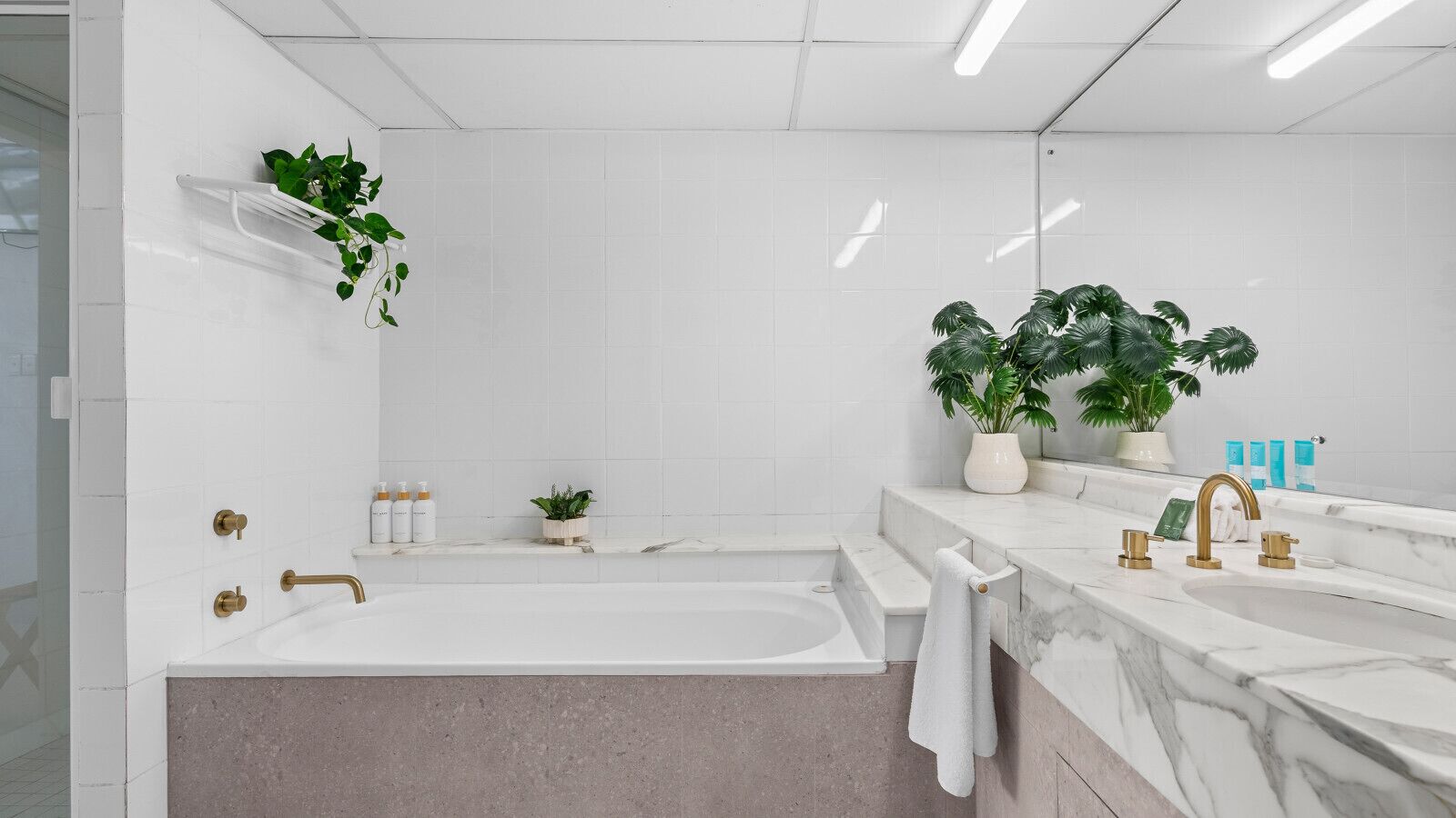 Un bagno moderno con vasca, lavabo e mobile lavabo. Sul mobile lavabo ci sono piante e articoli da toilette.