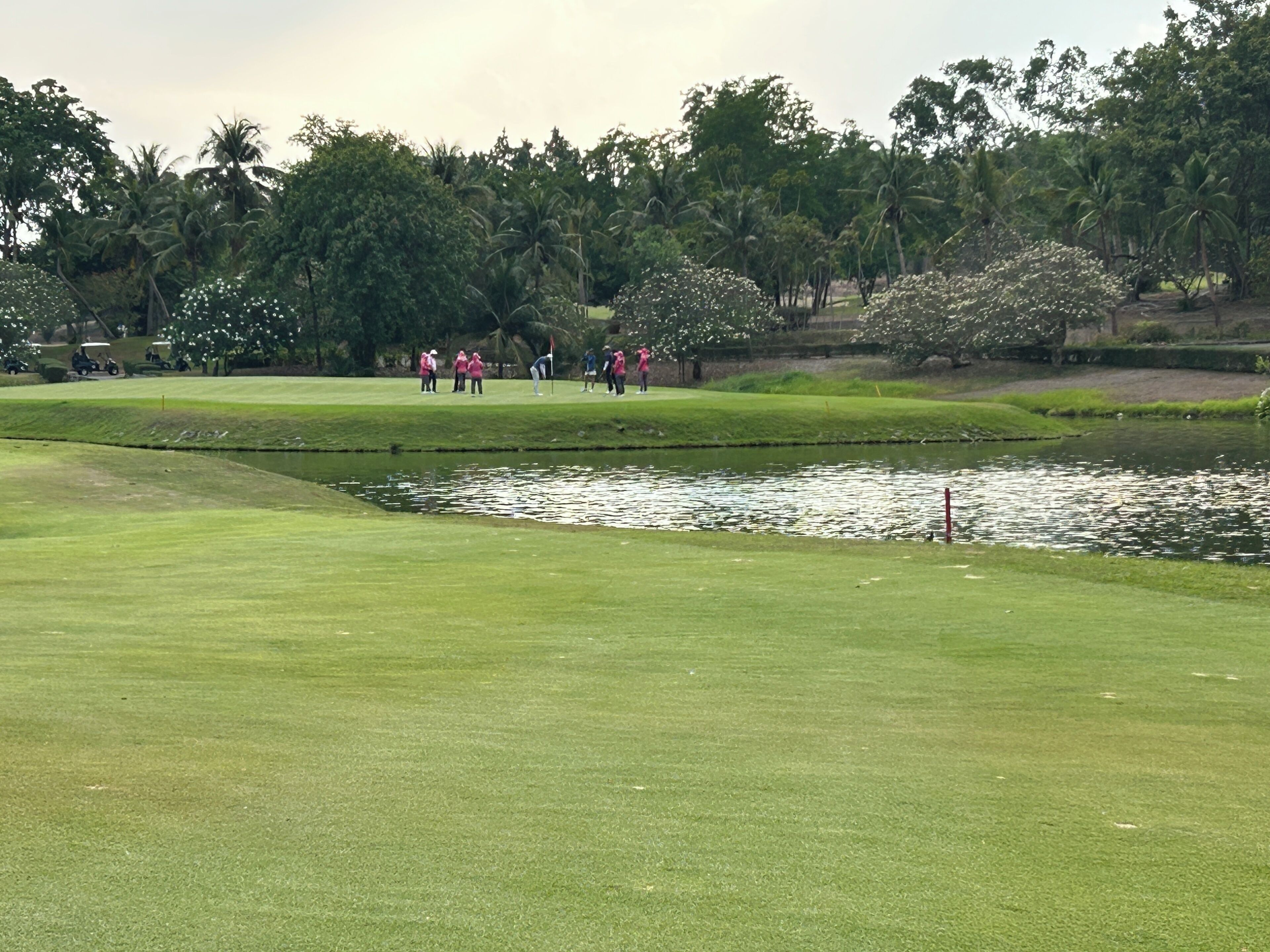 Um campo de golfe com lago, árvores e um grupo de pessoas ao longe.