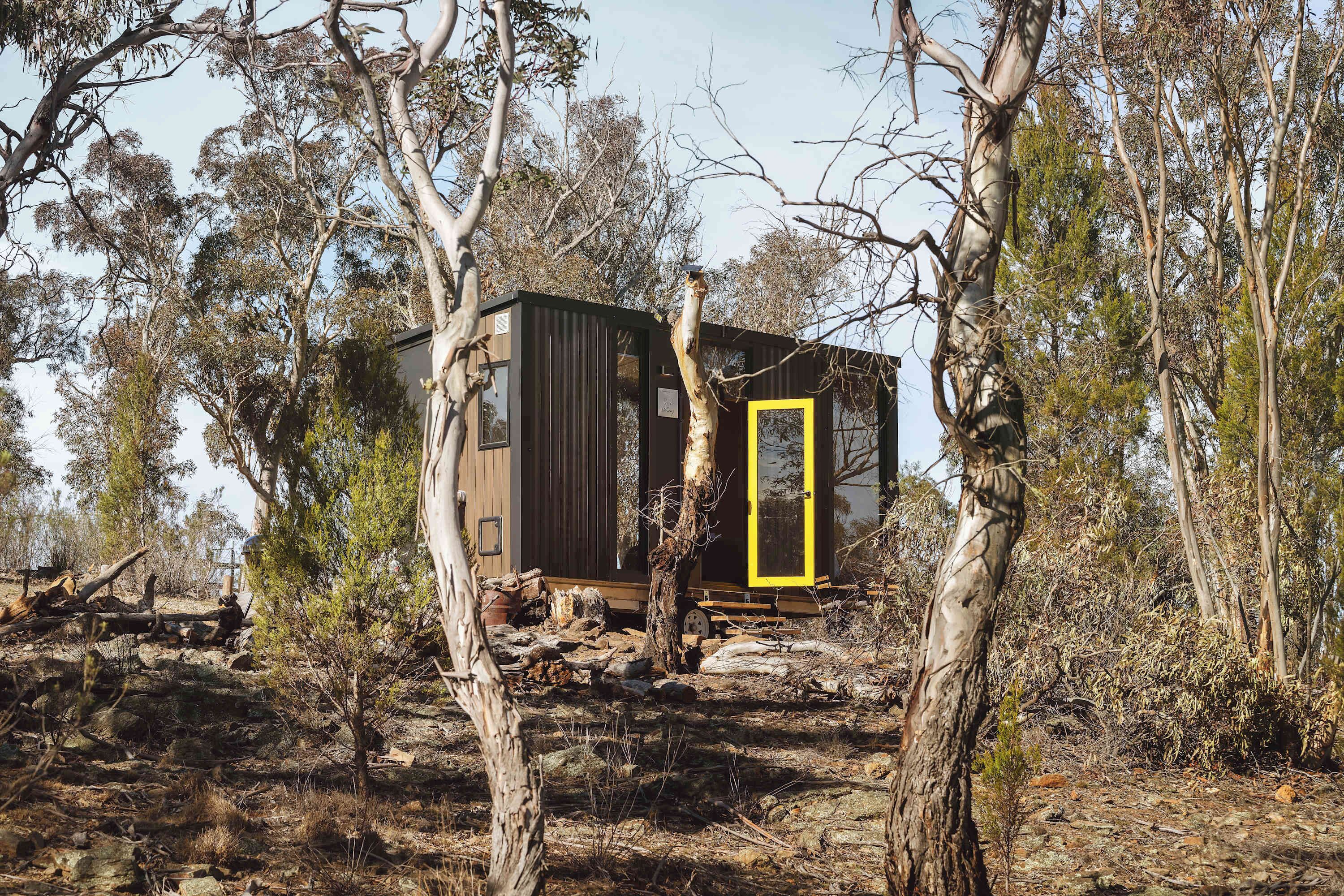 A small, dark-colored cabin with a yellow door, surrounded by trees and rocky terrain.