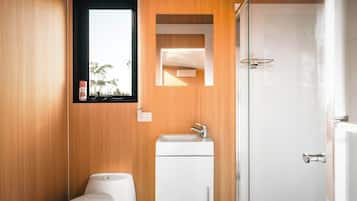 Shower, hair dryer, towels, shampoo