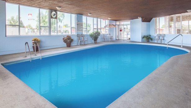 An indoor swimming pool with clear windows, chairs, and potted plants. - TC Motel (Medicine Hat)