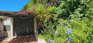 A garden with a gate, various plants, and a pergola with flowers. - Provençal villa facing the Gulf of Saint-Tropez (roquebrune)