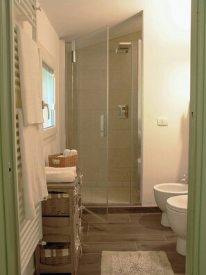 Un bagno con doccia, WC e una piccola finestra.