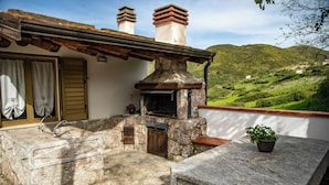 Un'area cucina esterna in pietra con una panca in pietra, una pianta in vaso e vista su una collina verde.