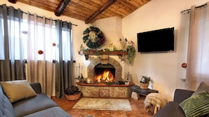 Un accogliente soggiorno con camino, due divani, una TV fissata al muro e un soffitto in legno.