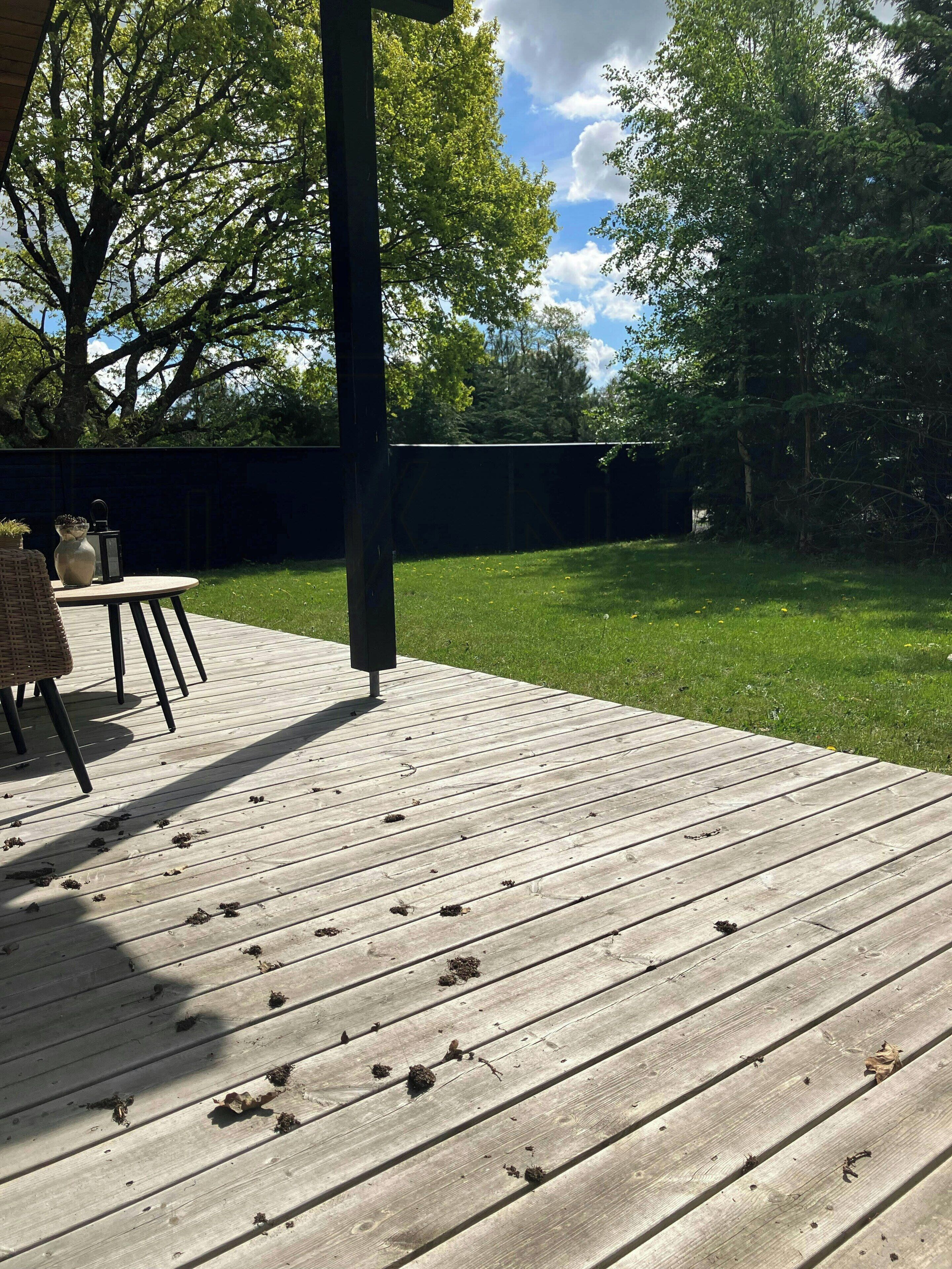 Eine Holzterrasse mit Tisch und Stühlen, umgeben von einem Rasen und Bäumen.