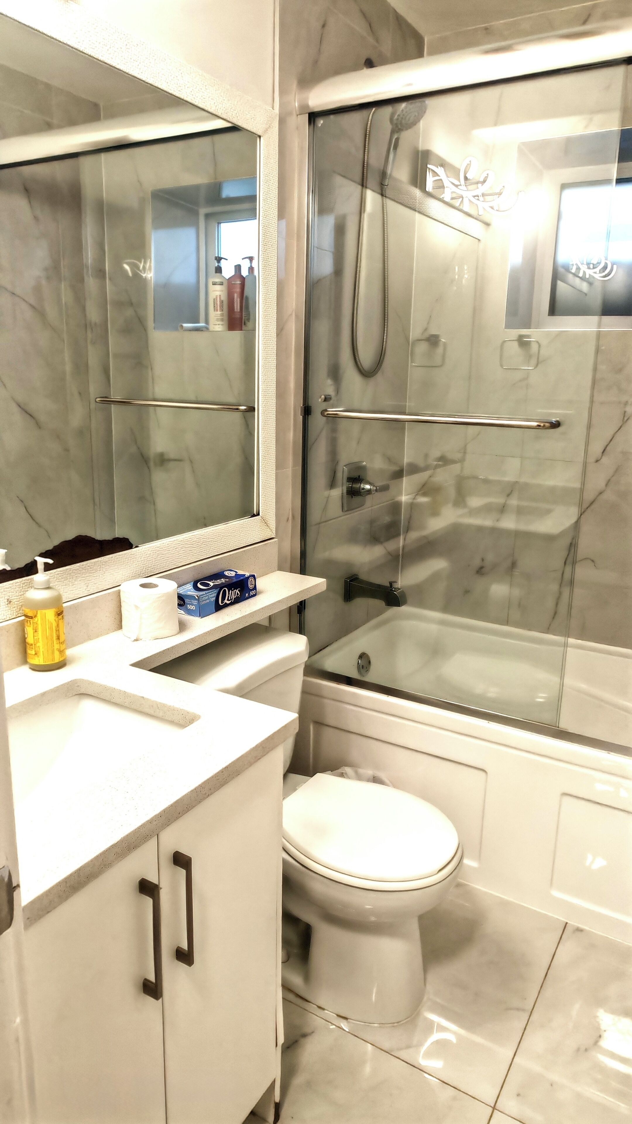 Hair dryer, towels, soap, toilet paper