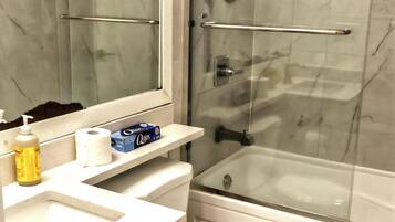 Hair dryer, towels, soap, toilet paper