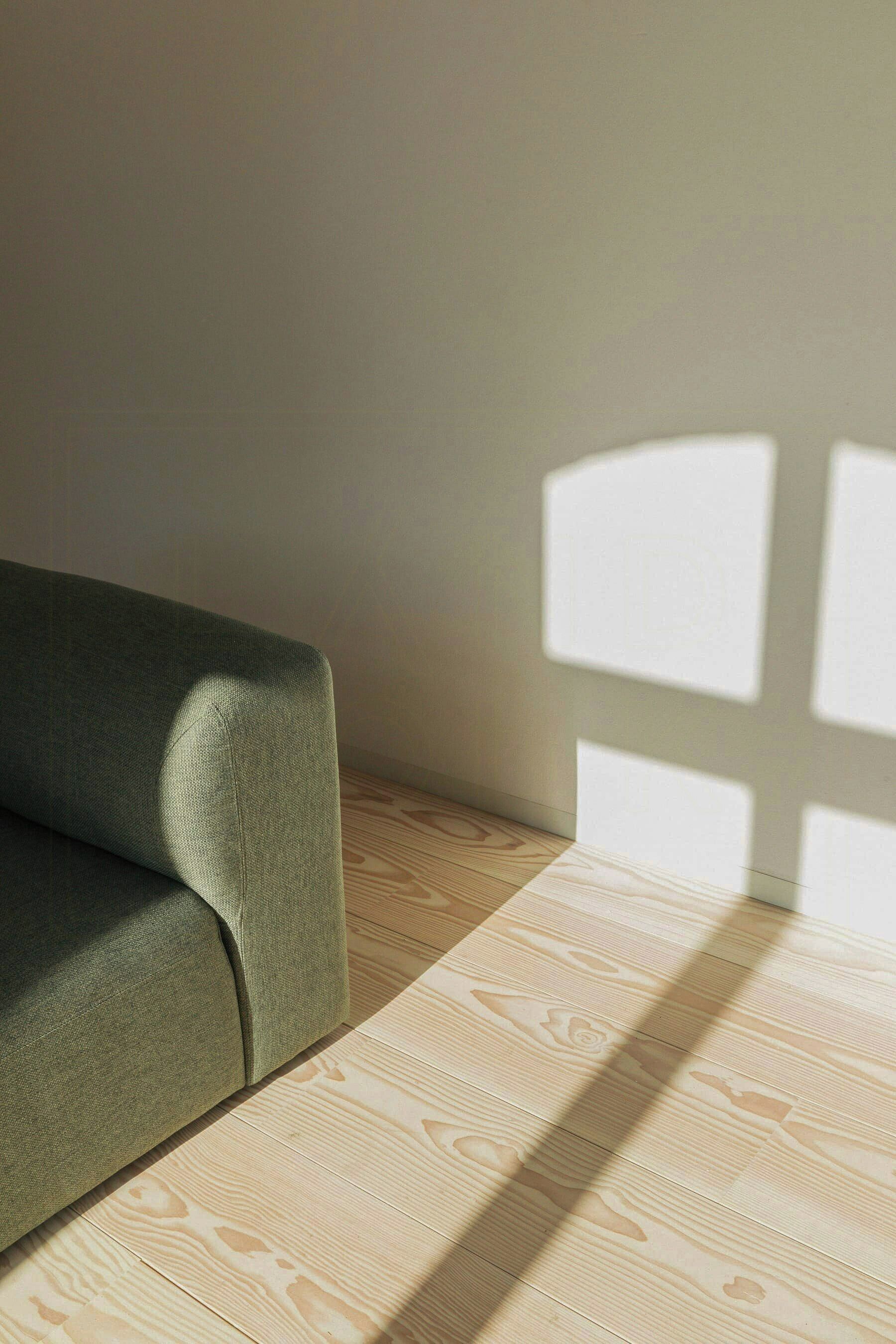 A room with a green sofa, wooden flooring, and a wall casting shadows.