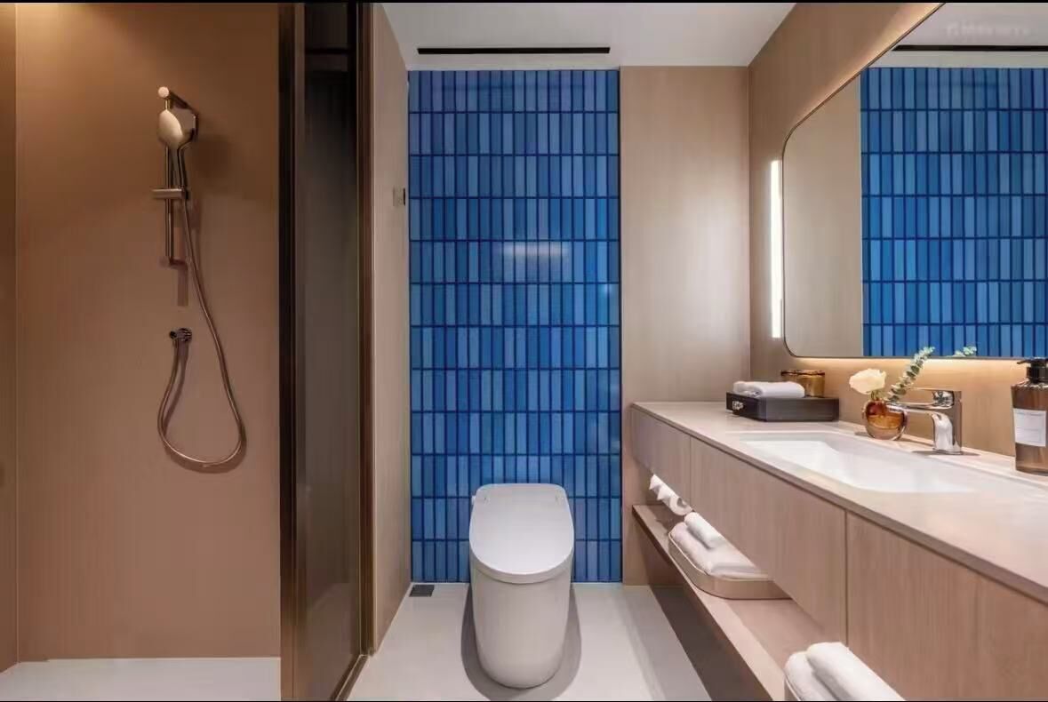 Een moderne badkamer met douche, toilet en wastafel.