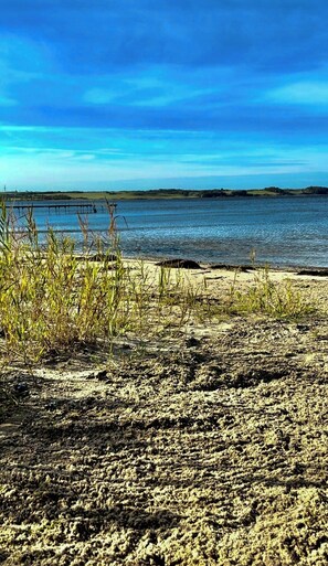 Ein Strand mit einem Steg, der sich ins Wasser erstreckt, sandigem Ufer und spärlicher Vegetation.