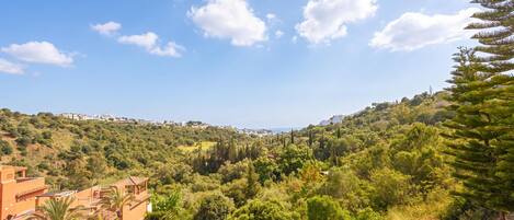 A hillside landscape with buildings, trees, and a clear sky.
