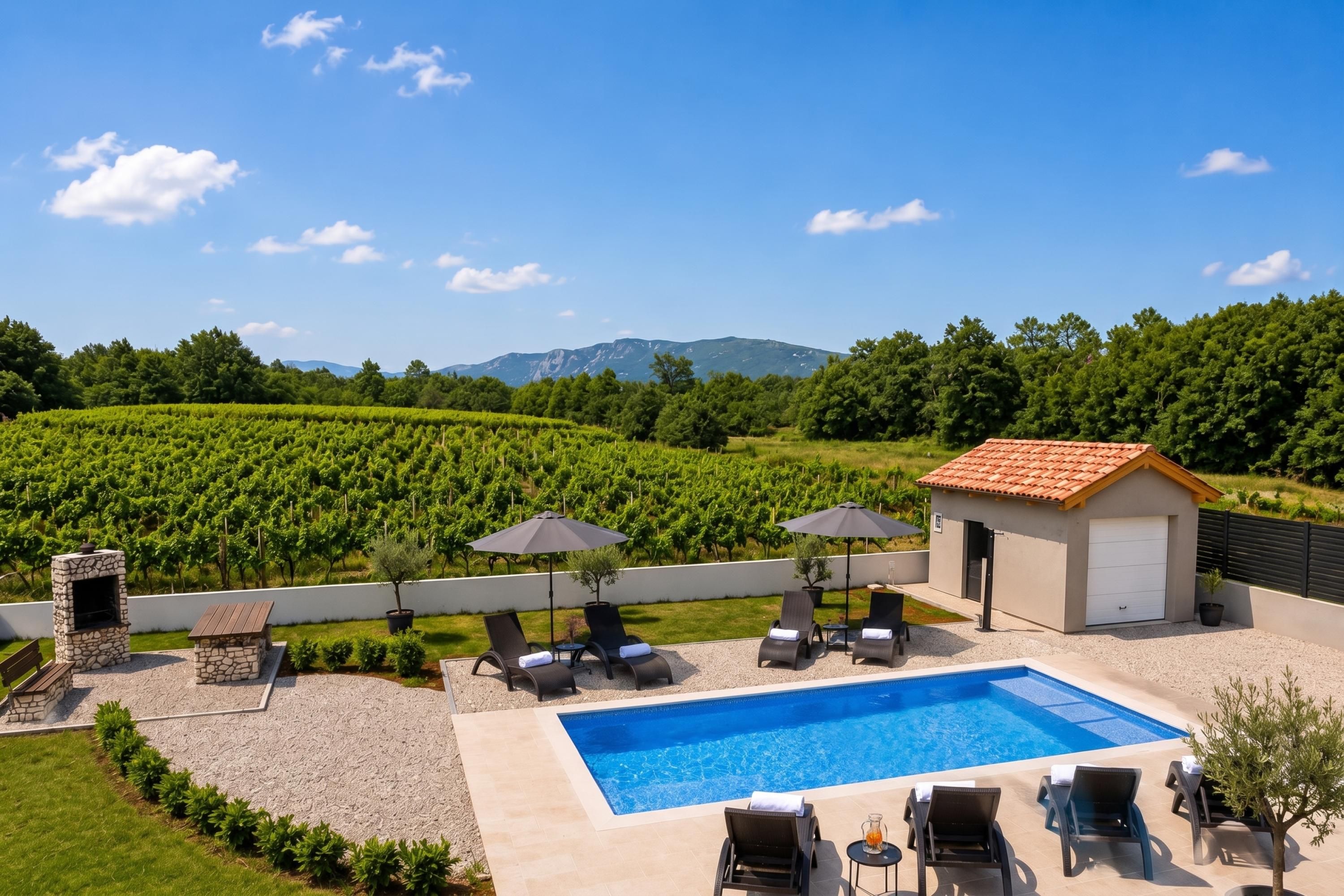 Un espace piscine agrémenté de chaises longues et de parasols, entouré de vignes et avec une montagne en toile de fond.