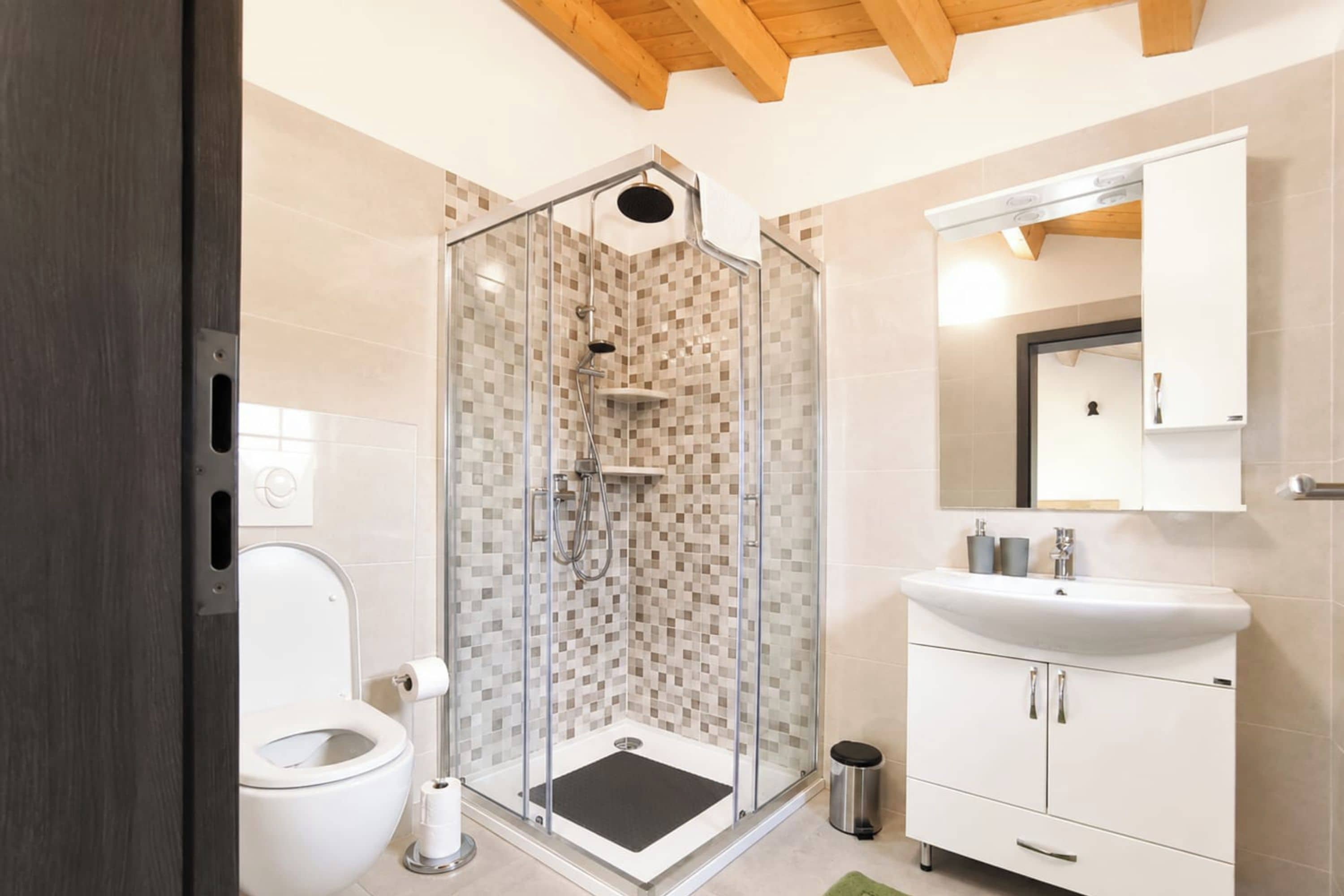 A modern bathroom with a glass-enclosed shower, a white toilet, and a sink with a mirror above it.