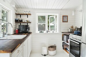 Una cucina con pareti in legno bianco, una finestra, un lavello e un fornello.