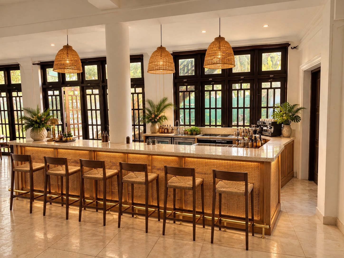 A spacious kitchen with a central island, bar stools, pendant lighting, and large windows.