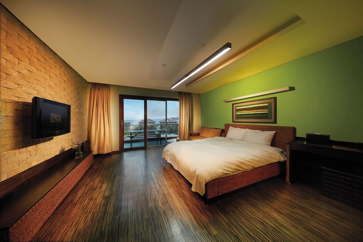A hotel room with a large bed, a flat-screen TV mounted on a brick wall, a sliding glass door to an outdoor area, and a green accent wall.