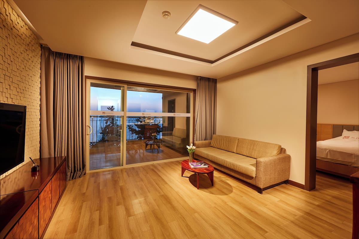 A modern hotel room with a wooden floor, a sofa, a TV, a small table with a vase, and a balcony with a dining area.