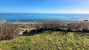 Un paisaje costero con cielo despejado, un primer plano de hierba y un mar tranquilo.