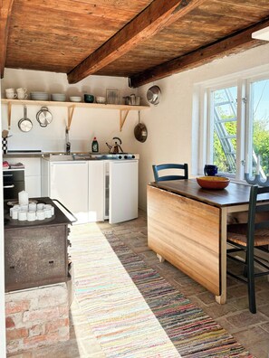 A compact kitchen with a wooden ceiling, a window with a view, and a colorful rug. - Rural guest house between Simrishamn and Skillinge (Simrishamn)
